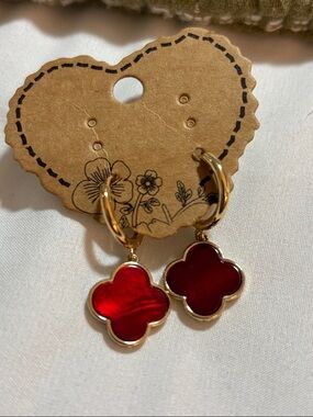 Gold toned Hoop Earrings with Red Clover Dangle